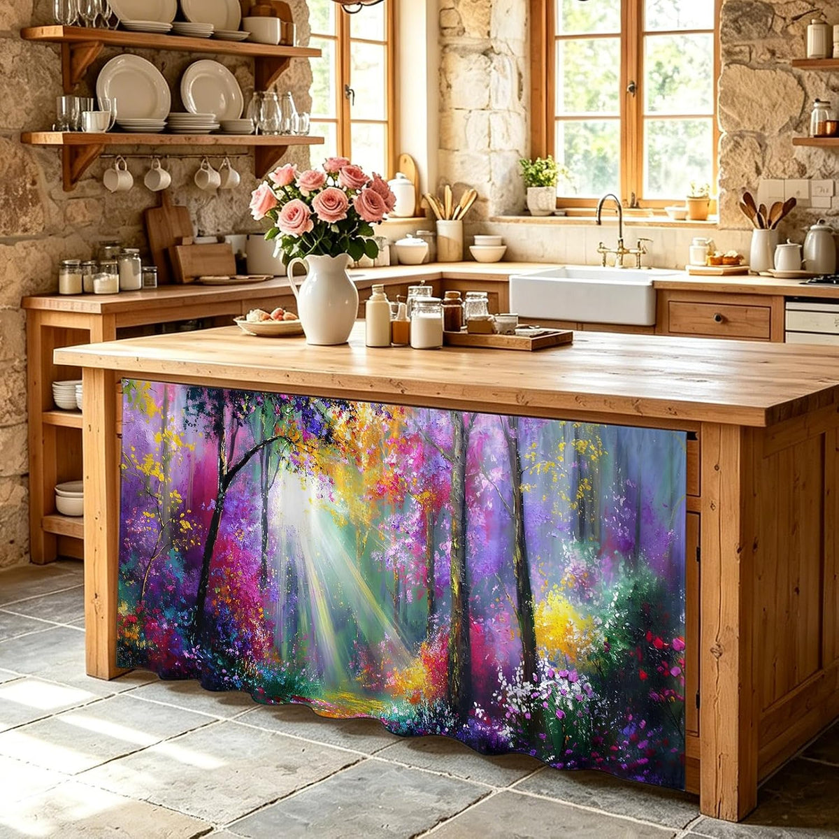 Pink Orange Purple Floral Sink Skirt for Bathroom, Self-Adhesive Under Sink Curtain, Sunlight Trees Botanical Hide Pipes & Storage Fabric Cabinet Skirt Cover for Kitchen Laundry 32"x55"