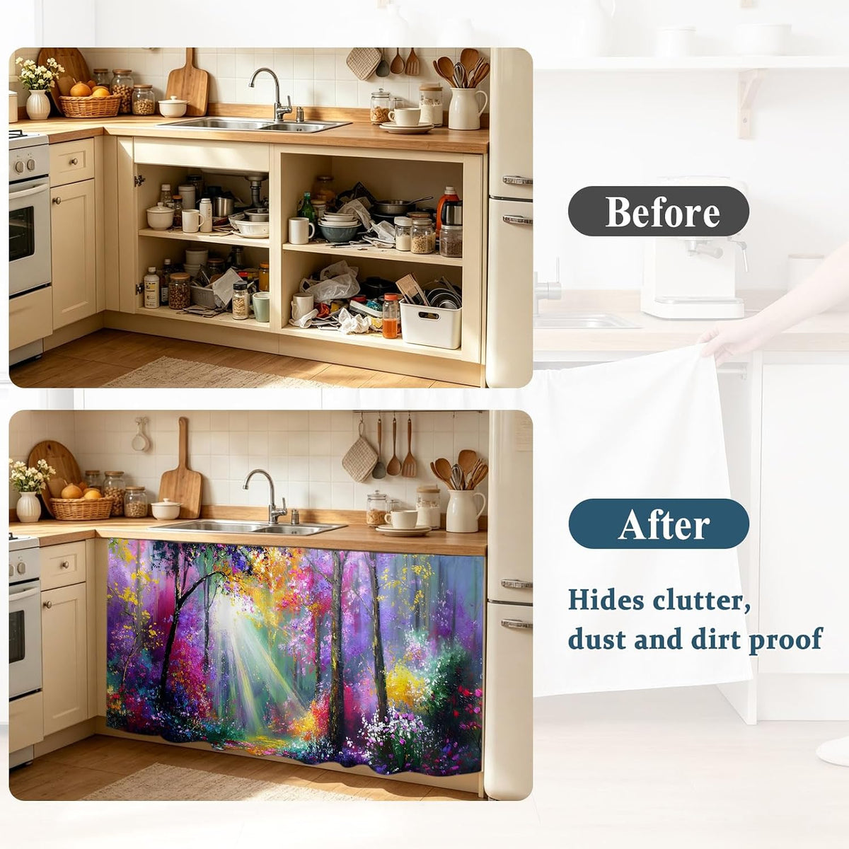 Pink Orange Purple Floral Sink Skirt for Bathroom, Self-Adhesive Under Sink Curtain, Sunlight Trees Botanical Hide Pipes & Storage Fabric Cabinet Skirt Cover for Kitchen Laundry 32"x55"