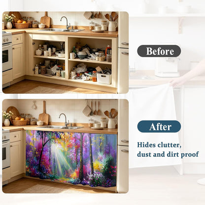 Pink Orange Purple Floral Sink Skirt for Bathroom, Self-Adhesive Under Sink Curtain, Sunlight Trees Botanical Hide Pipes & Storage Fabric Cabinet Skirt Cover for Kitchen Laundry 32"x55"