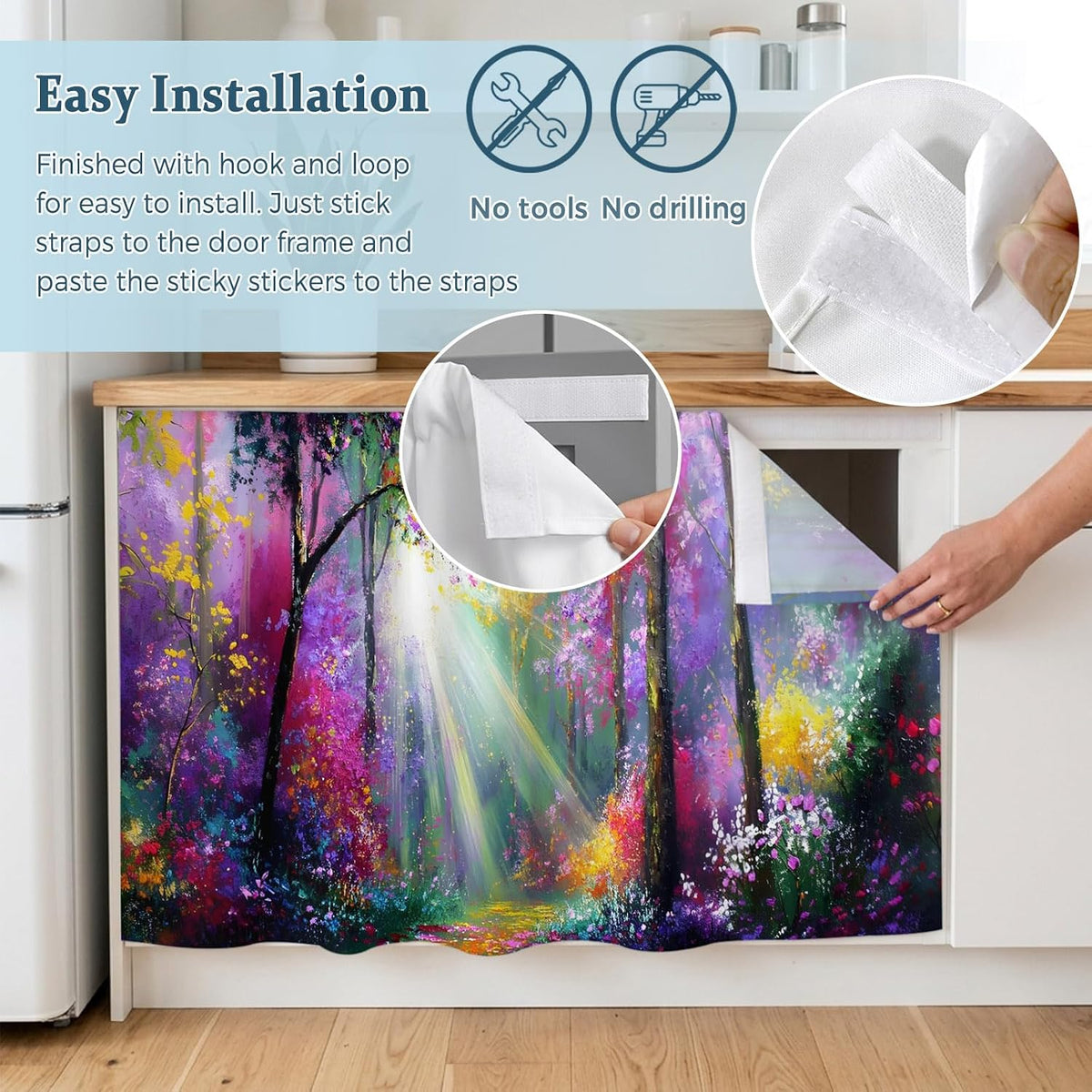 Pink Orange Purple Floral Sink Skirt for Bathroom, Self-Adhesive Under Sink Curtain, Sunlight Trees Botanical Hide Pipes & Storage Fabric Cabinet Skirt Cover for Kitchen Laundry 32"x55"
