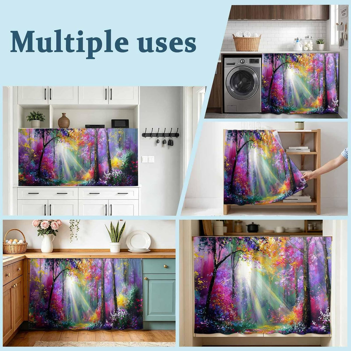 Pink Orange Purple Floral Sink Skirt for Bathroom, Self-Adhesive Under Sink Curtain, Sunlight Trees Botanical Hide Pipes & Storage Fabric Cabinet Skirt Cover for Kitchen Laundry 32"x55"