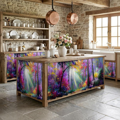 Pink Orange Purple Floral Sink Skirt for Bathroom, Self-Adhesive Under Sink Curtain, Sunlight Trees Botanical Hide Pipes & Storage Fabric Cabinet Skirt Cover for Kitchen Laundry 32"x55"