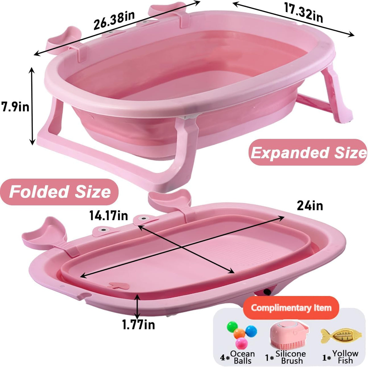 Dog Bath Tub with Dog Toys Pet Bathtub, Portable Puppy Bathtub for Easy Baths and Easy Storage, Dog Bath Tubs for Small Medium Pets-Foldable Pet Shower Tub with Drainage Hole, 26.5 x 17.2 x 7.8In,Pink