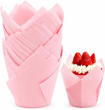 50 Pcs Pink Tulip Cupcake Liners for Baking, Muffin Liners