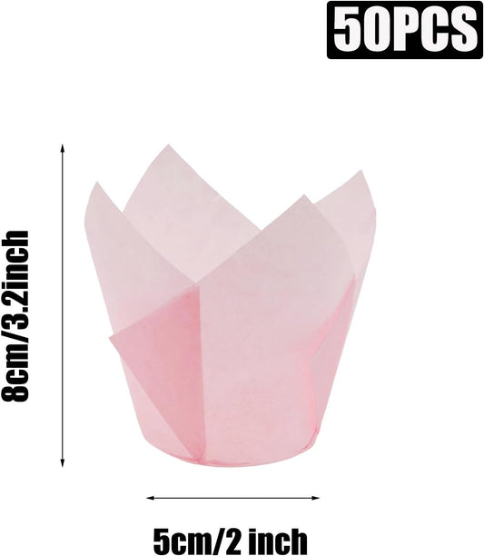 50 Pcs Pink Tulip Cupcake Liners for Baking, Muffin Liners