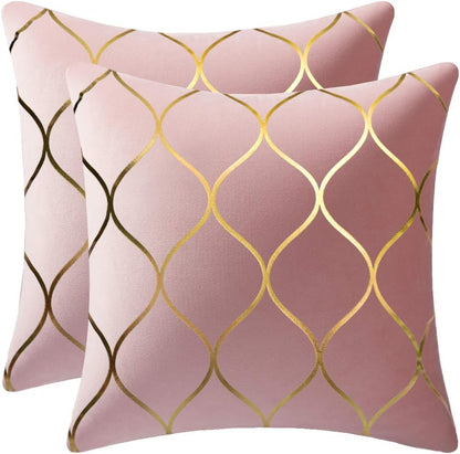 Gold Velvet Throw Pillow Covers: 2 Pack 18x18 Inch Square Decorative Pillow Cases for Bedroom Sofa Couch Living Room, Pink