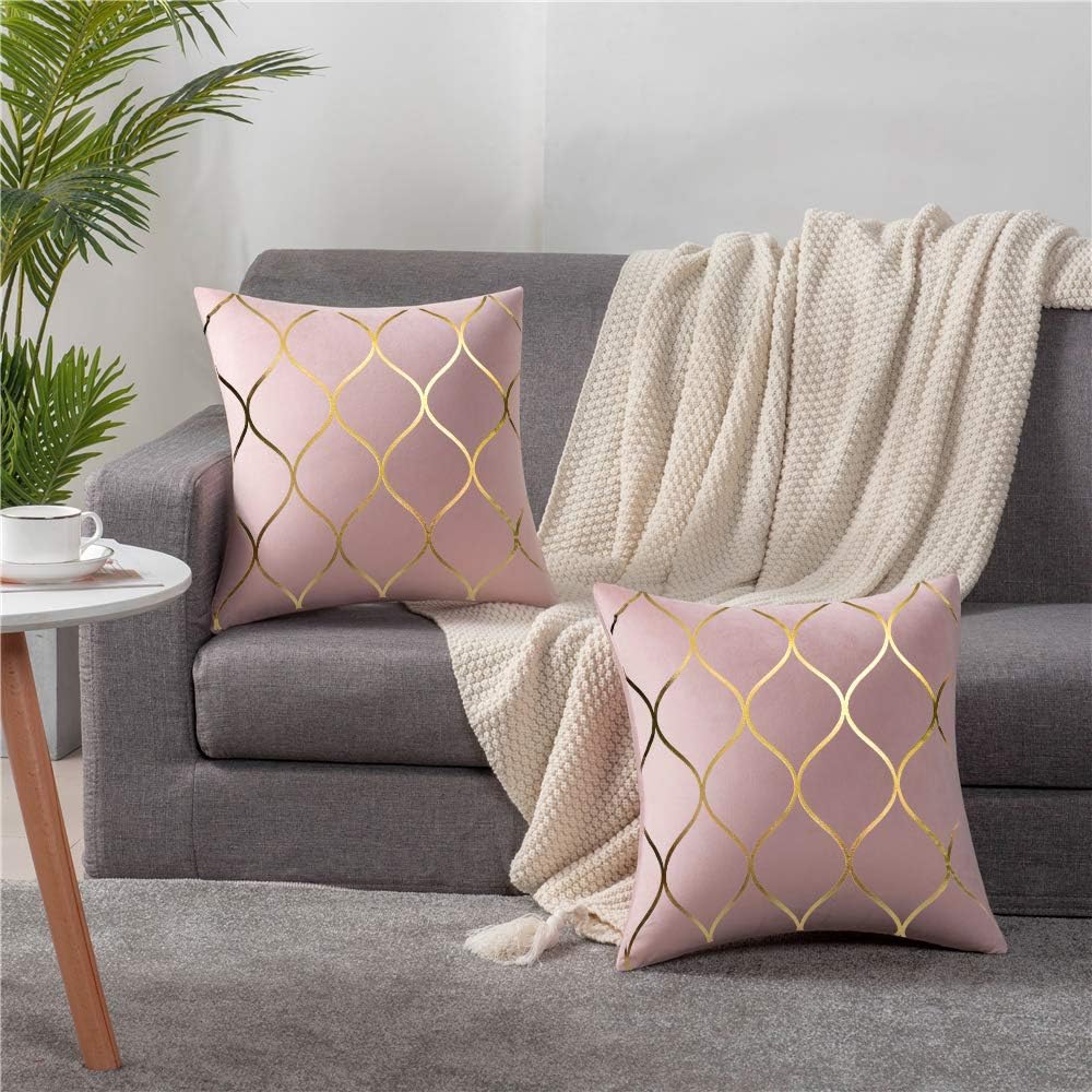 Gold Velvet Throw Pillow Covers: 2 Pack 18x18 Inch Square Decorative Pillow Cases for Bedroom Sofa Couch Living Room, Pink