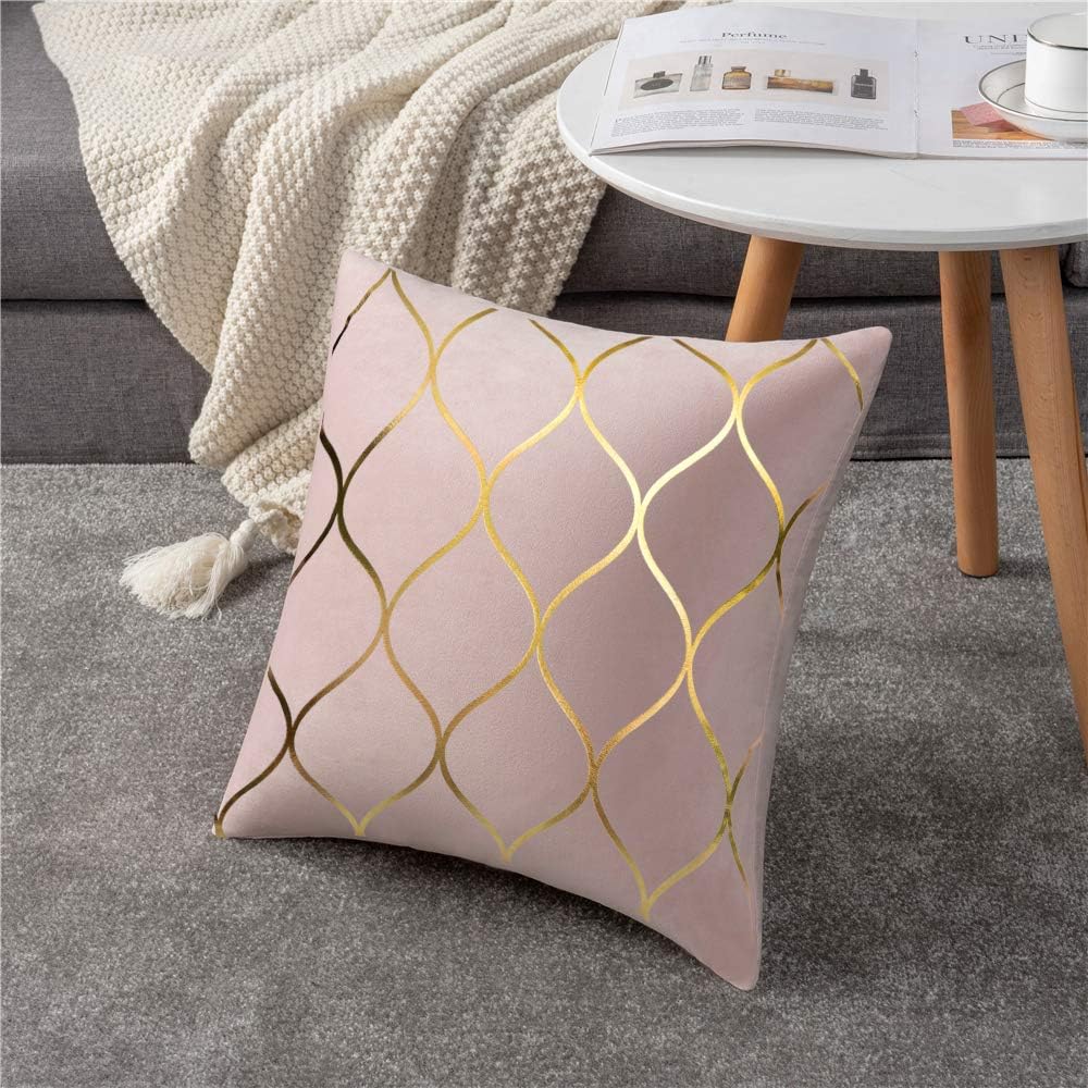 Gold Velvet Throw Pillow Covers: 2 Pack 18x18 Inch Square Decorative Pillow Cases for Bedroom Sofa Couch Living Room, Pink