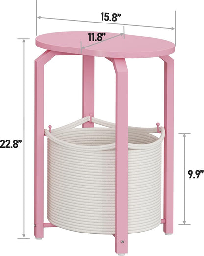 TUTOTAK Oval End Table with Woven Storage Basket, Pink Small Side Table for Living Room, Bedroom, TB01BP093