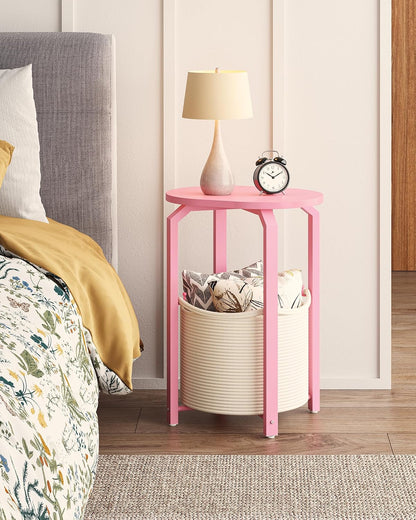 TUTOTAK Oval End Table with Woven Storage Basket, Pink Small Side Table for Living Room, Bedroom, TB01BP093