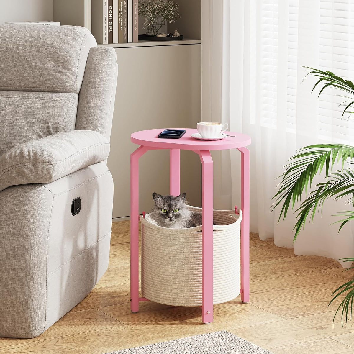 TUTOTAK Oval End Table with Woven Storage Basket, Pink Small Side Table for Living Room, Bedroom, TB01BP093