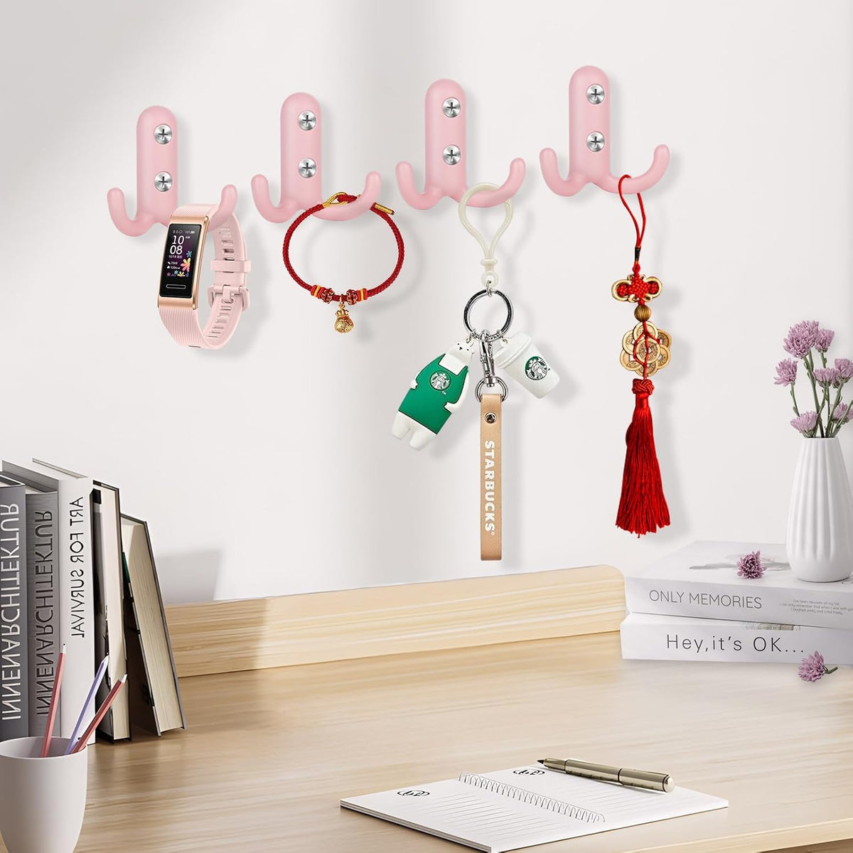 4 Pack Pink Double Prong Coat Hooks with 8 Screws Retro Double Hooks Heavy Duty Hooks for Coat, Scarf, Bag, Towel, Key, Cap, Cup, Hat