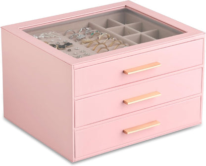 Jewelry Box for Women,Clear Lid Jewelry Organizer with 3 Drawers