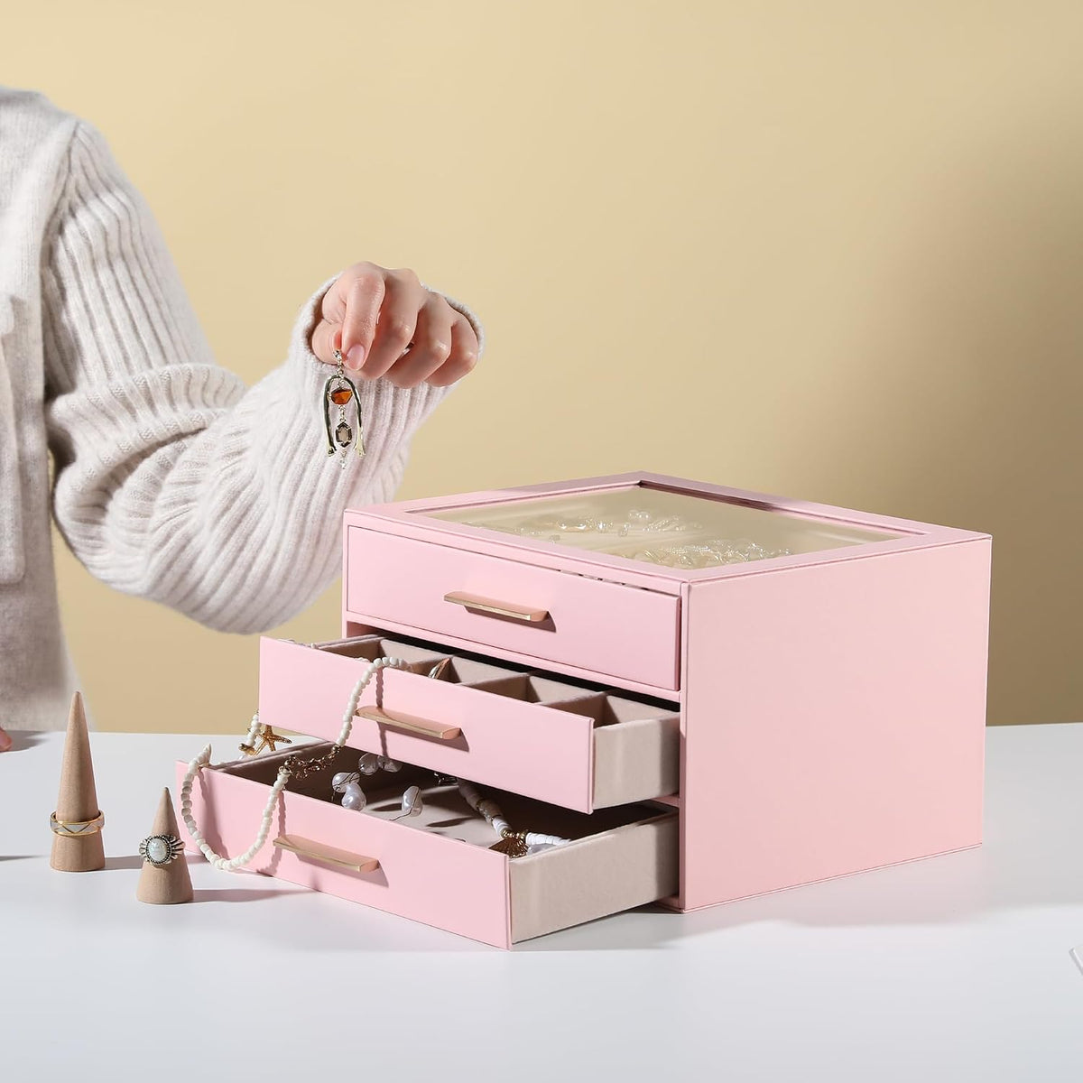 Jewelry Box for Women,Clear Lid Jewelry Organizer with 3 Drawers