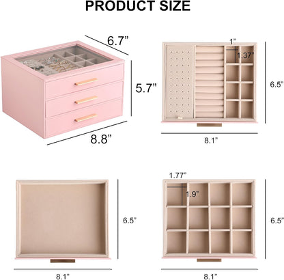 Jewelry Box for Women,Clear Lid Jewelry Organizer with 3 Drawers