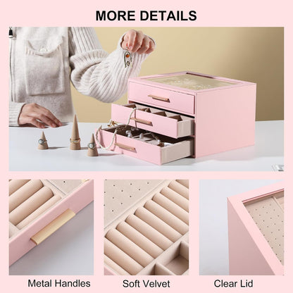 Jewelry Box for Women,Clear Lid Jewelry Organizer with 3 Drawers