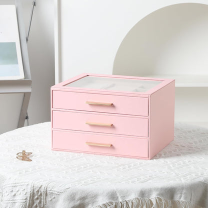 Jewelry Box for Women,Clear Lid Jewelry Organizer with 3 Drawers