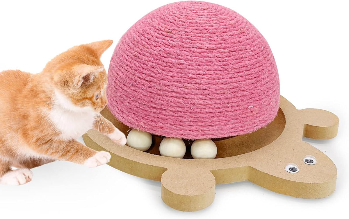Cats Scratching Ball, Natural Sisal Scratching Toy with Roller Track Toys and Wooden Base Kitten Turtle Shape Scratch Post for Indoor Cats Interactive Training Exercise Scratcher for Small Pets