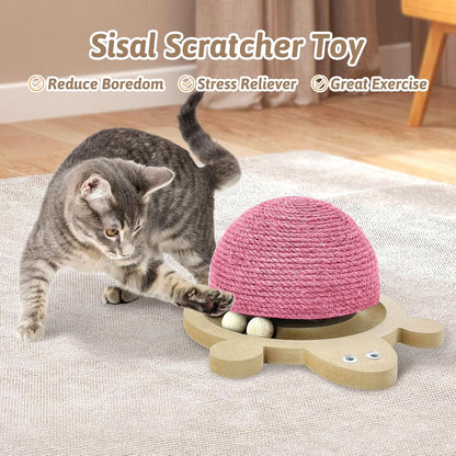 Cats Scratching Ball, Natural Sisal Scratching Toy with Roller Track Toys and Wooden Base Kitten Turtle Shape Scratch Post for Indoor Cats Interactive Training Exercise Scratcher for Small Pets