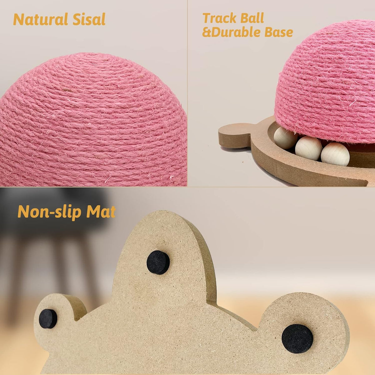 Cats Scratching Ball, Natural Sisal Scratching Toy with Roller Track Toys and Wooden Base Kitten Turtle Shape Scratch Post for Indoor Cats Interactive Training Exercise Scratcher for Small Pets