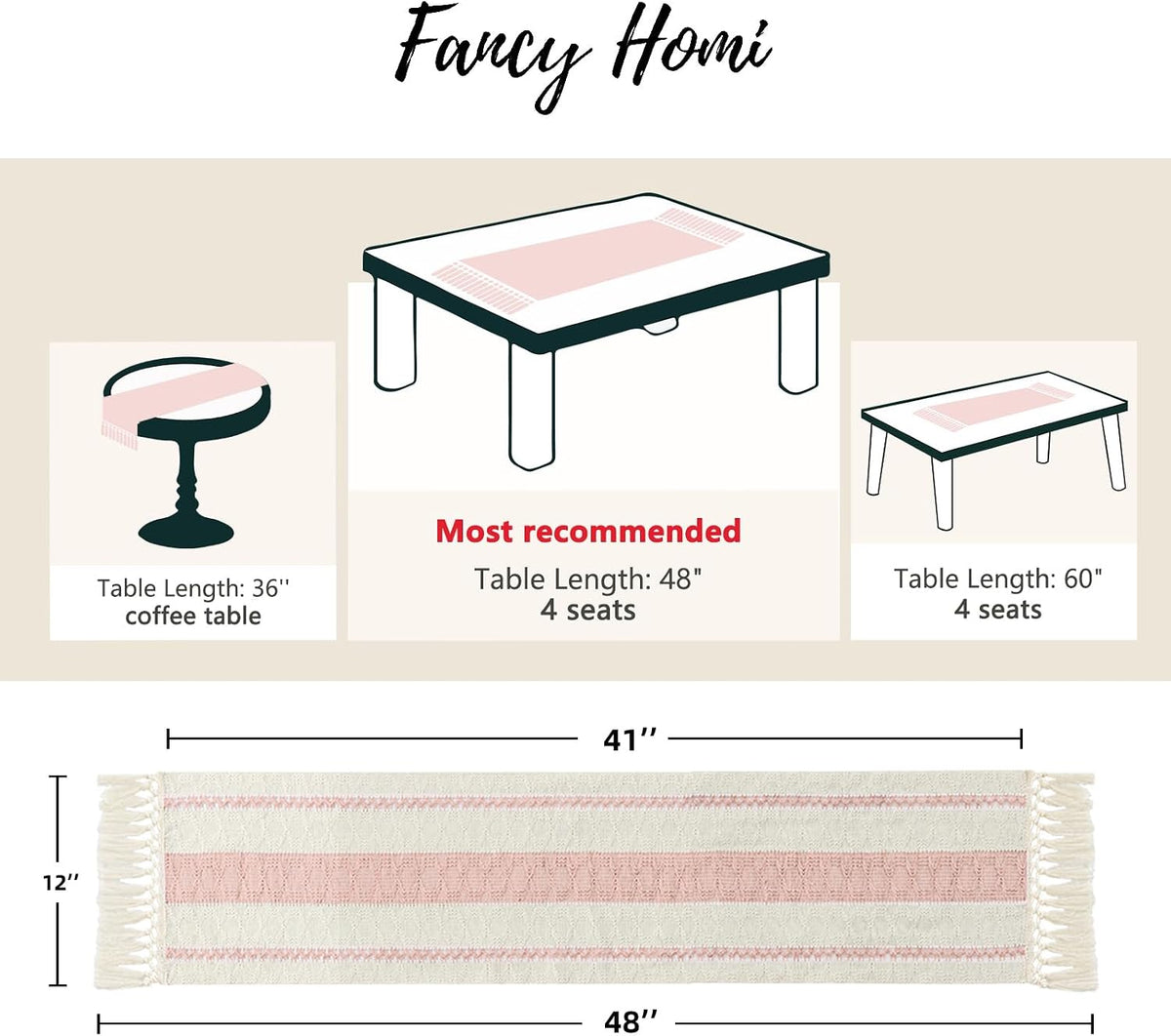 Pink Table Runner 48 Inches Long Boho Macrame Table Runner for Home Decor, Farmhouse Table Runners with Tassels for Party Bohemian Rustic Bridal Shower Dining Decor 12x48 Inches
