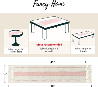 Pink Table Runner 48 Inches Long Boho Macrame Table Runner for Home Decor, Farmhouse Table Runners with Tassels for Party Bohemian Rustic Bridal Shower Dining Decor 12x48 Inches