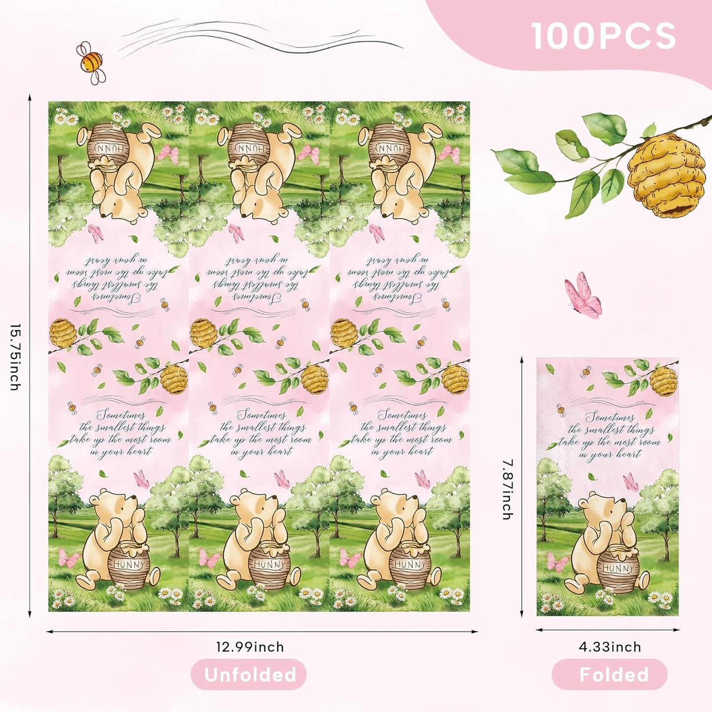 100pcs Bear Paper Napkins Decorative Bathroom Napkins Guest Disposable Pink Bear Hand Towels Dinner Party Napkins for Birthday Party Baby Shower Decorations