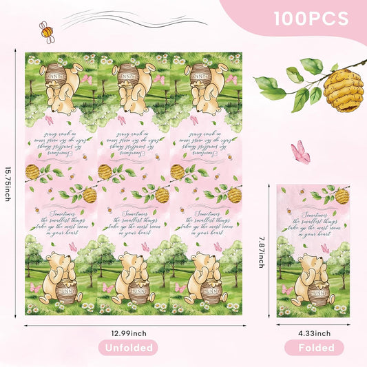 100pcs Bear Paper Napkins Decorative Bathroom Napkins Guest Disposable Pink Bear Hand Towels Dinner Party Napkins for Birthday Party Baby Shower Decorations