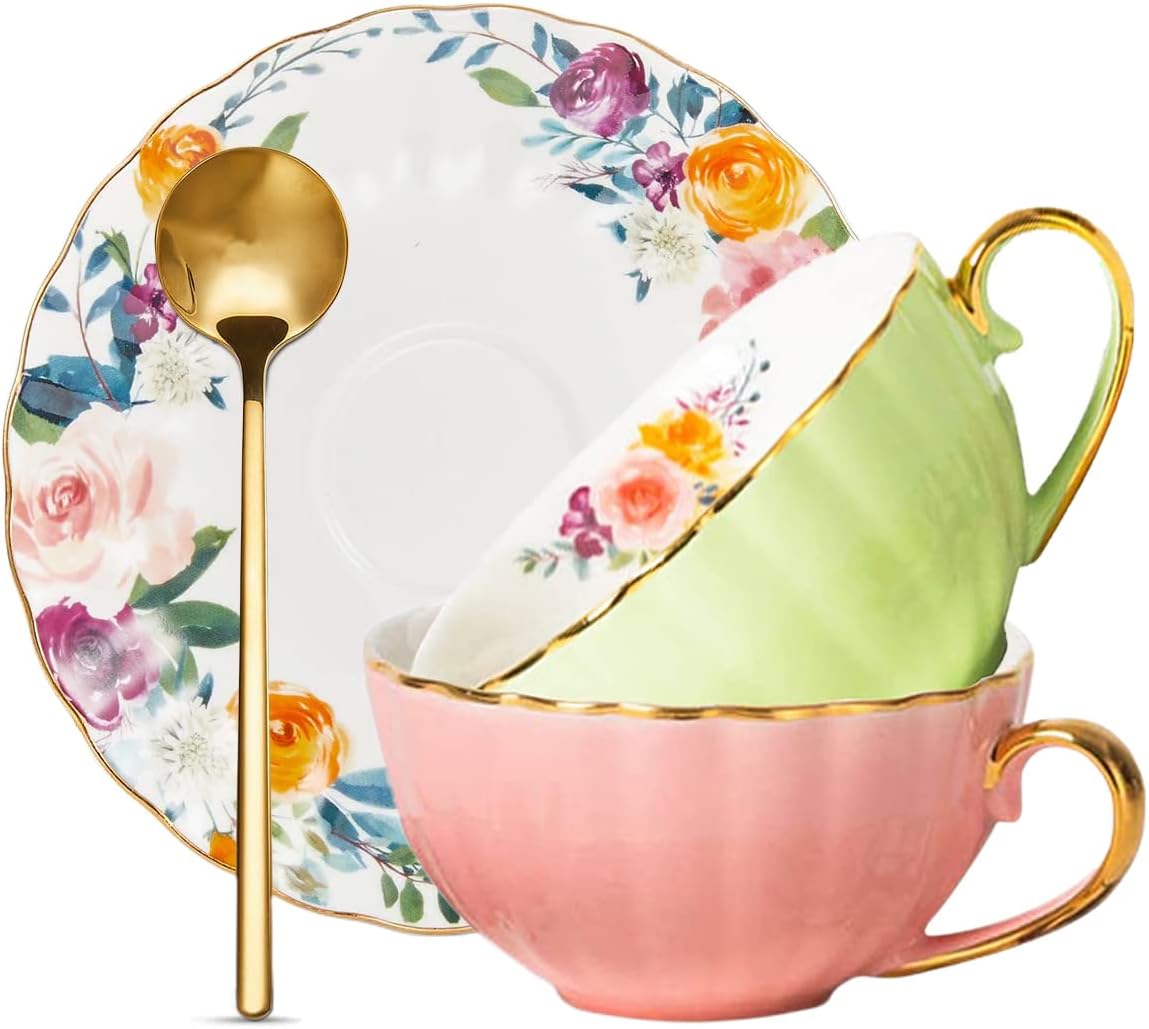 Tea Cup and Saucer Set for 2 Bone China Floral Coffee Cup, 8 Oz