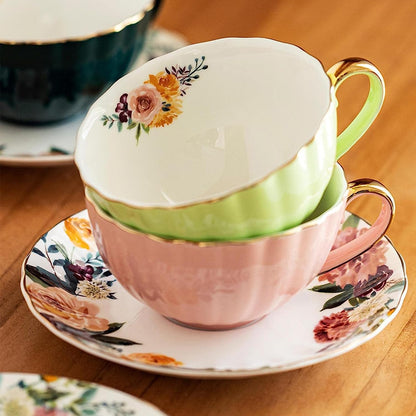 Tea Cup and Saucer Set for 2 Bone China Floral Coffee Cup, 8 Oz