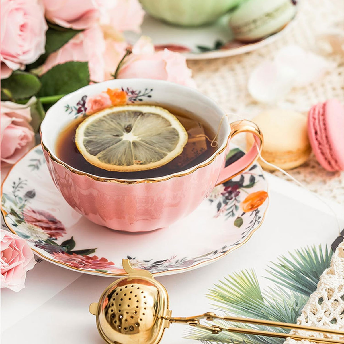 Tea Cup and Saucer Set for 2 Bone China Floral Coffee Cup, 8 Oz