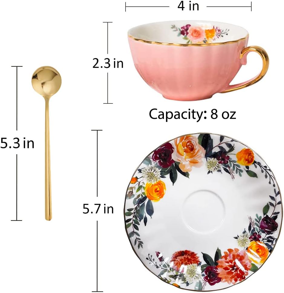 Tea Cup and Saucer Set for 2 Bone China Floral Coffee Cup, 8 Oz