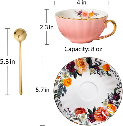 Tea Cup and Saucer Set for 2 Bone China Floral Coffee Cup, 8 Oz