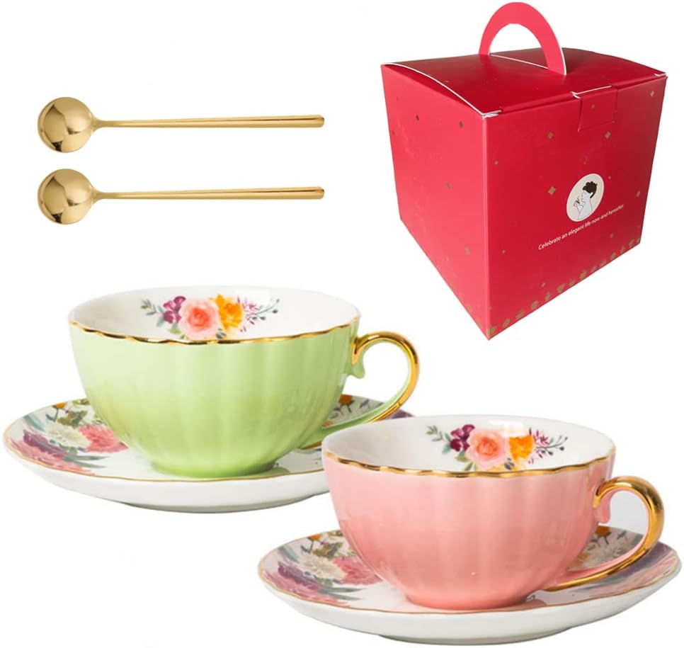 Tea Cup and Saucer Set for 2 Bone China Floral Coffee Cup, 8 Oz