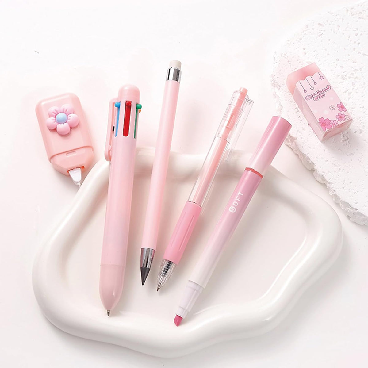 6 Pcs Cute Pink Stationery Set for Women Back to School Supplies Office Supplies Including Gel Ink Pens 6-in-1 Ballpoint Pens Pencil Eraser (Pink)
