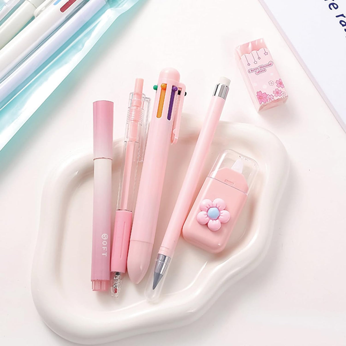 6 Pcs Cute Pink Stationery Set for Women Back to School Supplies Office Supplies Including Gel Ink Pens 6-in-1 Ballpoint Pens Pencil Eraser (Pink)