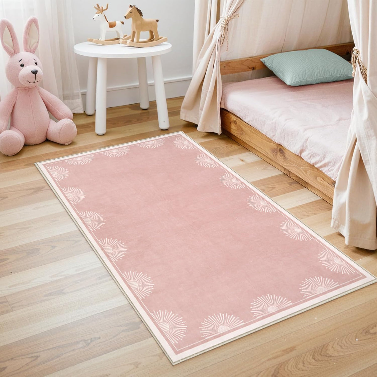 Modern 3x5 Pink Rugs for Bedroom Girls,Ultra Thin Nursery Rug for Girls Room, Sun Printed Non Slip Washable Area Rug,Soft Non Shedding Throw Carpet for Playroom Classroom(3'x5',Pink)