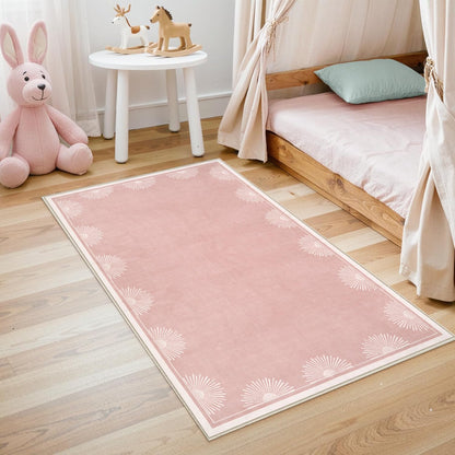 Modern 3x5 Pink Rugs for Bedroom Girls,Ultra Thin Nursery Rug for Girls Room, Sun Printed Non Slip Washable Area Rug,Soft Non Shedding Throw Carpet for Playroom Classroom(3'x5',Pink)
