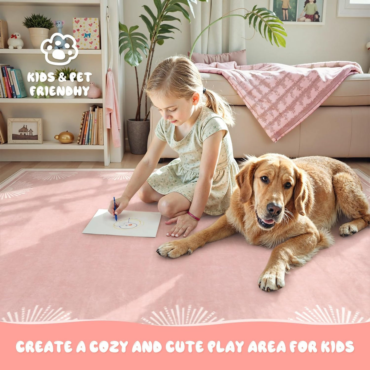 Modern 3x5 Pink Rugs for Bedroom Girls,Ultra Thin Nursery Rug for Girls Room, Sun Printed Non Slip Washable Area Rug,Soft Non Shedding Throw Carpet for Playroom Classroom(3'x5',Pink)