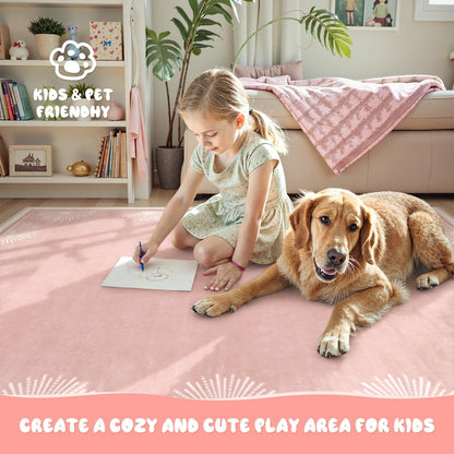 Modern 3x5 Pink Rugs for Bedroom Girls,Ultra Thin Nursery Rug for Girls Room, Sun Printed Non Slip Washable Area Rug,Soft Non Shedding Throw Carpet for Playroom Classroom(3'x5',Pink)