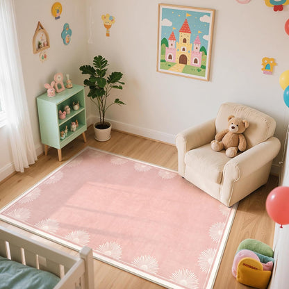 Modern 3x5 Pink Rugs for Bedroom Girls,Ultra Thin Nursery Rug for Girls Room, Sun Printed Non Slip Washable Area Rug,Soft Non Shedding Throw Carpet for Playroom Classroom(3'x5',Pink)