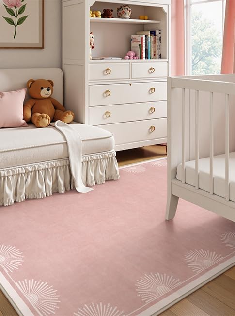 Modern 3x5 Pink Rugs for Bedroom Girls,Ultra Thin Nursery Rug for Girls Room, Sun Printed Non Slip Washable Area Rug,Soft Non Shedding Throw Carpet for Playroom Classroom(3'x5',Pink)