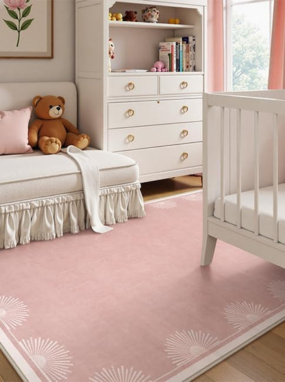 Modern 3x5 Pink Rugs for Bedroom Girls,Ultra Thin Nursery Rug for Girls Room, Sun Printed Non Slip Washable Area Rug,Soft Non Shedding Throw Carpet for Playroom Classroom(3'x5',Pink)