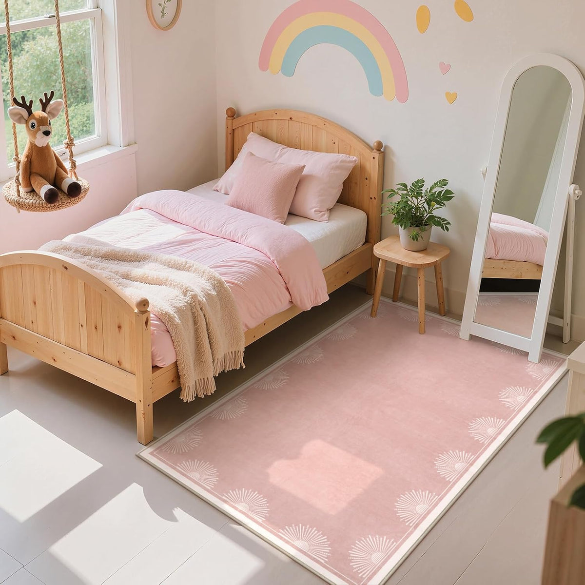 Modern 3x5 Pink Rugs for Bedroom Girls,Ultra Thin Nursery Rug for Girls Room, Sun Printed Non Slip Washable Area Rug,Soft Non Shedding Throw Carpet for Playroom Classroom(3'x5',Pink)
