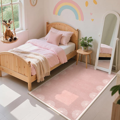 Modern 3x5 Pink Rugs for Bedroom Girls,Ultra Thin Nursery Rug for Girls Room, Sun Printed Non Slip Washable Area Rug,Soft Non Shedding Throw Carpet for Playroom Classroom(3'x5',Pink)