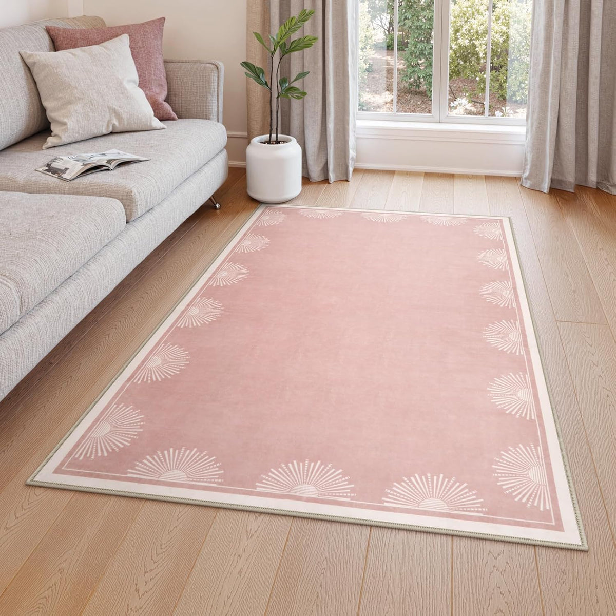 Modern 3x5 Pink Rugs for Bedroom Girls,Ultra Thin Nursery Rug for Girls Room, Sun Printed Non Slip Washable Area Rug,Soft Non Shedding Throw Carpet for Playroom Classroom(3'x5',Pink)