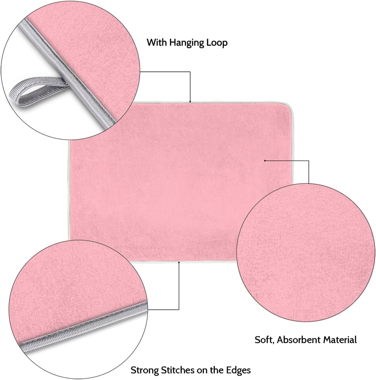 Light Pink Dish Drying Mat for Kitchen Counter Dish Drying Pad Non-Slip Absorbent Microfiber Drainer Rack Mats for Dishes Pots Pans 16"x18"