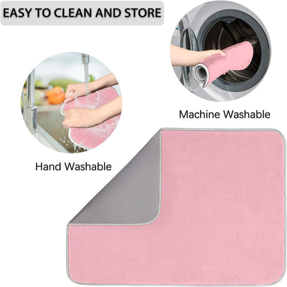 Light Pink Dish Drying Mat for Kitchen Counter Dish Drying Pad Non-Slip Absorbent Microfiber Drainer Rack Mats for Dishes Pots Pans 16"x18"