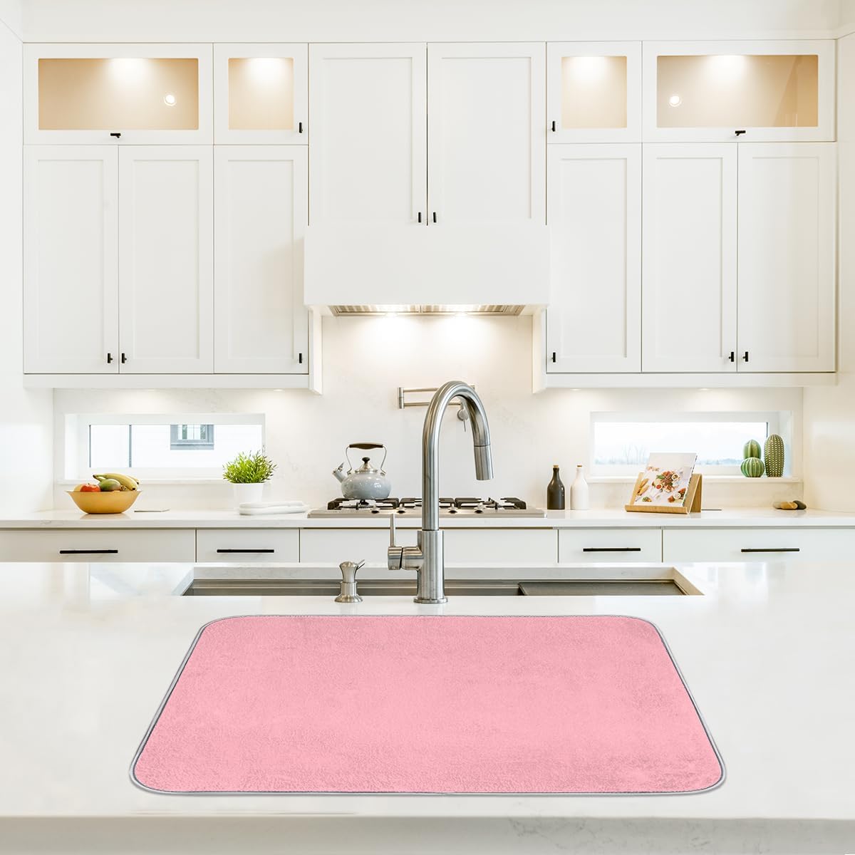 Light Pink Dish Drying Mat for Kitchen Counter Dish Drying Pad Non-Slip Absorbent Microfiber Drainer Rack Mats for Dishes Pots Pans 16"x18"