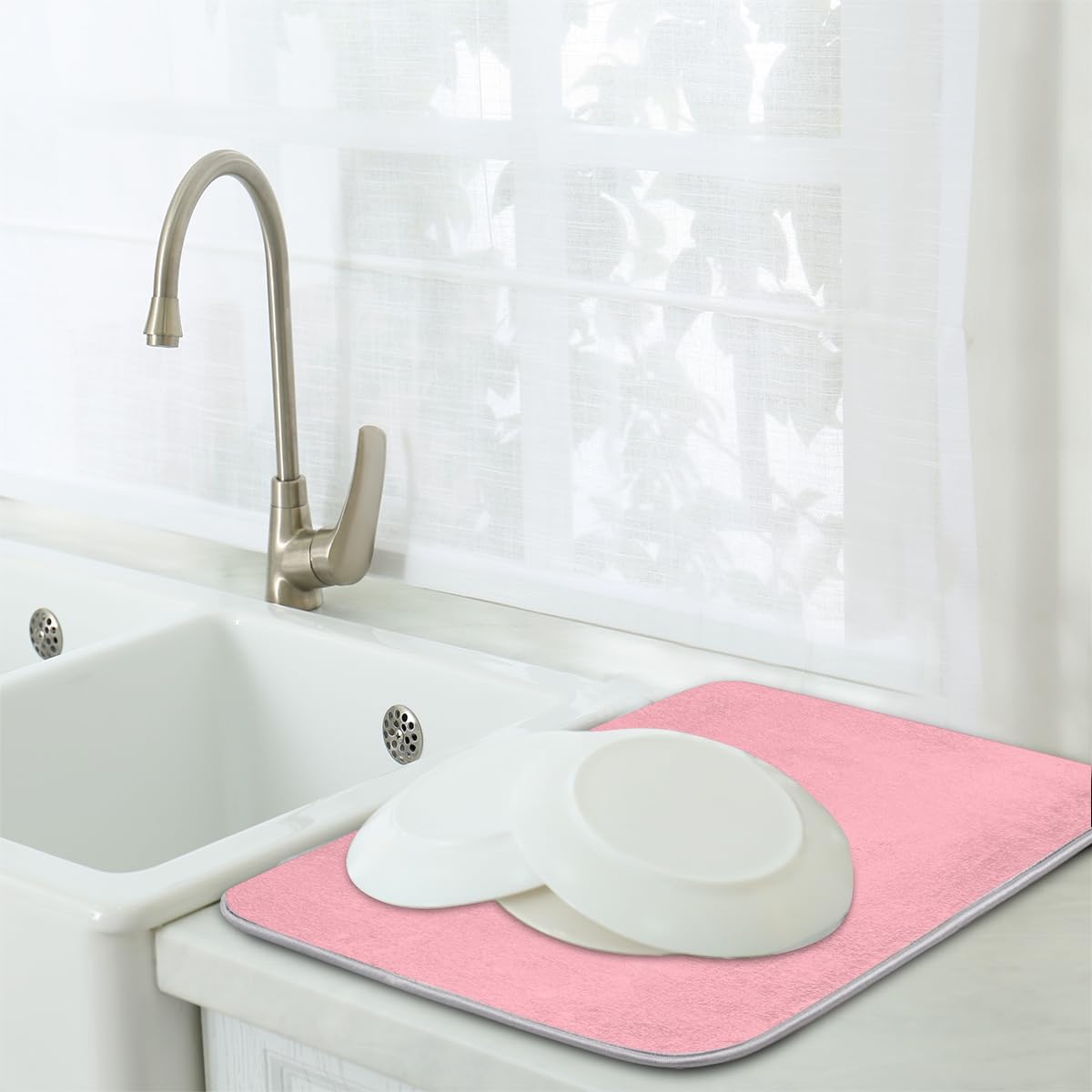Light Pink Dish Drying Mat for Kitchen Counter Dish Drying Pad Non-Slip Absorbent Microfiber Drainer Rack Mats for Dishes Pots Pans 16"x18"